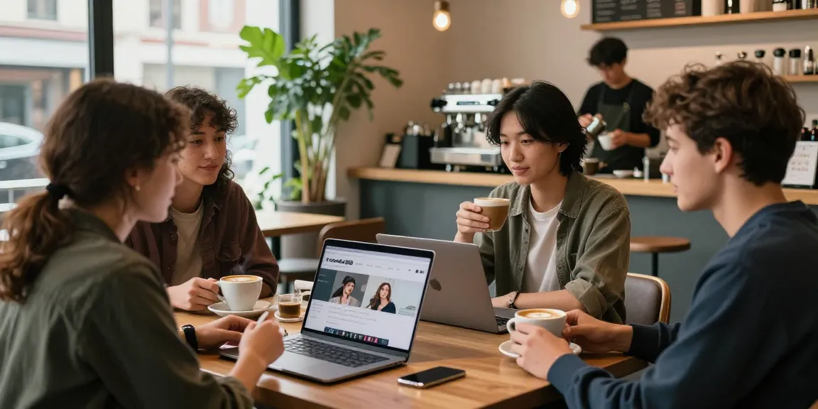 Friends discussing rokok88 promotions over coffee in a trendy cafe.